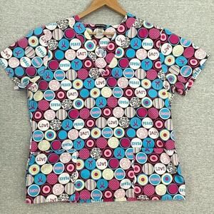 Scrub Studio Scrub Top Womens Large Blue Pink Breast Cancer Short Sleeve Uniform